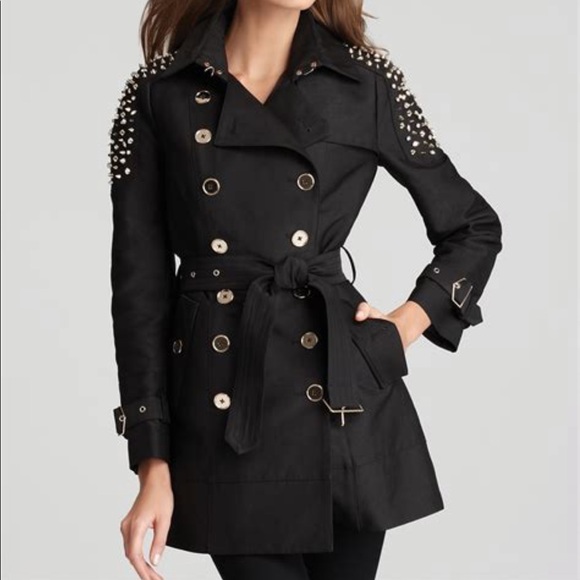 Sam Edelman Studded Shoukder Black Trench Coat - Picture 1 of 8